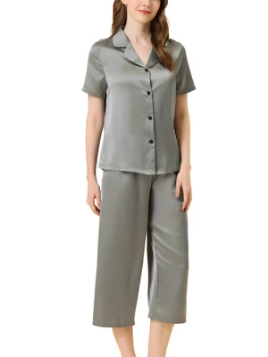 Cheibear Womens Pajama Sleepwear Button Down With Capri Pants Satin Lounge Pjs Set - Image 11