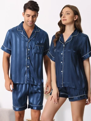 Cheibear Women's Satin Button Down Short Sleeve And Shorts Pajama Set - Image 2