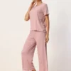 Cheibear Womens Sleepwear Round Neck Soft Knit Short Sleeve Shirt Capri Pajamas Set