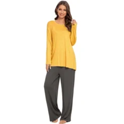 Cheibear Womens Pajama Set Soft Modal Contrast Color Long Sleeve Shirt And Pants Sleepwear 2pcs