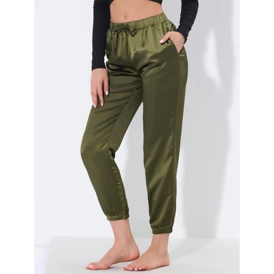 Cheibear Womens Satin Bottoms Lounge Trousers With Pocket Joggers Ankle Pants - Image 2