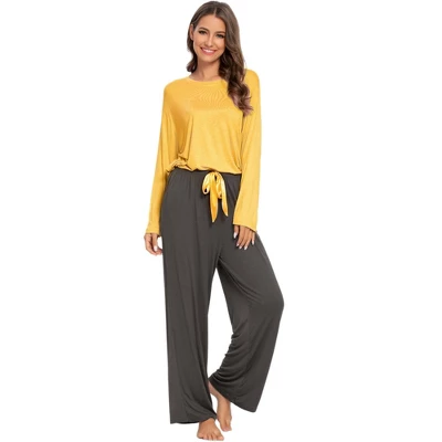 Cheibear Womens Pajama Set Soft Modal Contrast Color Long Sleeve Shirt And Pants Sleepwear 2pcs - Image 5