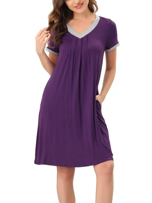 Cheibear Womens Sleepwear Lounge Dress V-Neck With Pockets Soft Nightshirt Pajama Nightgown - Image 9