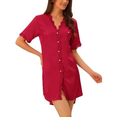 Cheibear Womens Satin Pajama Dress Button Down Silky Short Sleeves Nightgowns - Image 8