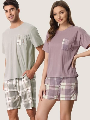 Cheibear Women's Sleepwear Short Sleeve T-Shirt With Shorts Plaid Couple Pajama Sets - Image 2