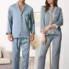 Cheibear Womens Long Sleeve Lace Trim Satin Button Shirt Pants Matching Couple Pajama Sets Sleepwear