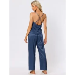 Cheibear Womens Satin Lounge Solid Color Cami Tops With Pants Sleepwear Pajamas Sets