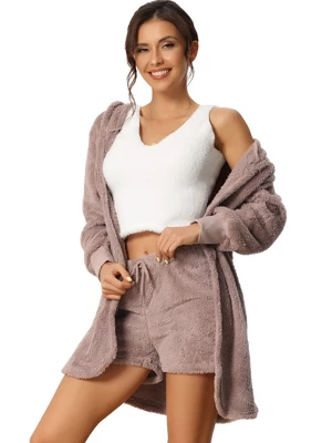 Cheibear Womens Fuzzy Fleece 3 Piece Outfits Pajamas Soft Coat Jacket And Crop Top With Shorts Lounge Set - Image 7