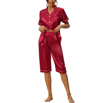 Cheibear Womens Pajama Sleepwear Button Down With Capri Pants Satin Lounge Pjs Set - Image 10
