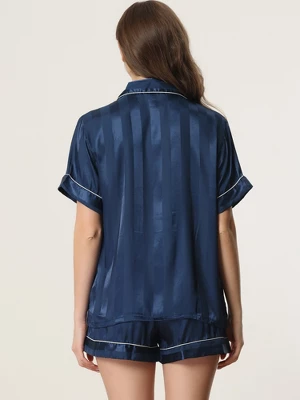 Cheibear Women's Satin Button Down Short Sleeve And Shorts Pajama Set - Image 3
