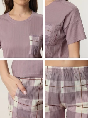 Cheibear Women's Sleepwear Short Sleeve T-Shirt With Shorts Plaid Couple Pajama Sets - Image 4