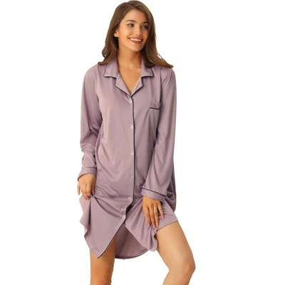 Cheibear Womens Satin Button Down Long Sleeve Silky Boyfriend Nightshirt - Image 6