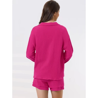 Cheibear Women's Button Down Long Sleeve Sleepwear Shirt With Shorts Casual Lounge Sets - Image 3