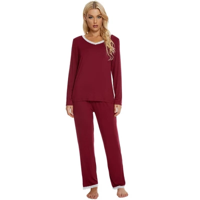 Cheibear Womens Lounge Sets V Neck Lace Nightwear With Pants Loungewear Pajamas