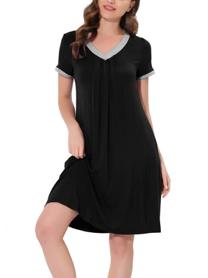 Cheibear Womens Sleepwear Lounge Dress V-Neck With Pockets Soft Nightshirt Pajama Nightgown
