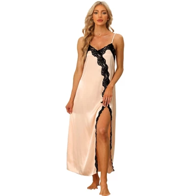 Cheibear Womens Satin Nightgown Lace Cami Dress Maxi Long Gown Pajama Nightwear - Image 5