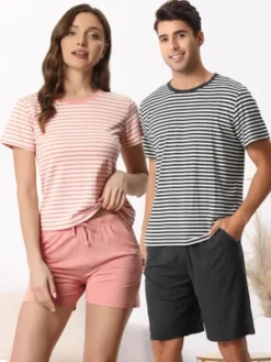 Cheibear Women's Sleepwear Short Sleeve T-Shirt With Shorts Stripe Couple Pajama Sets