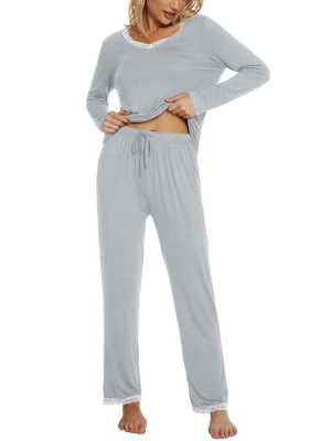 Cheibear Womens Lounge Sets V Neck Lace Nightwear With Pants Loungewear Pajamas - Image 8