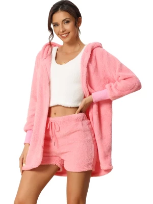 Cheibear Womens Fuzzy Fleece 3 Piece Outfits Pajamas Soft Coat Jacket And Crop Top With Shorts Lounge Set - Image 6