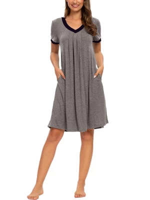 Cheibear Womens Sleepwear Lounge Dress V-Neck With Pockets Soft Nightshirt Pajama Nightgown - Image 10