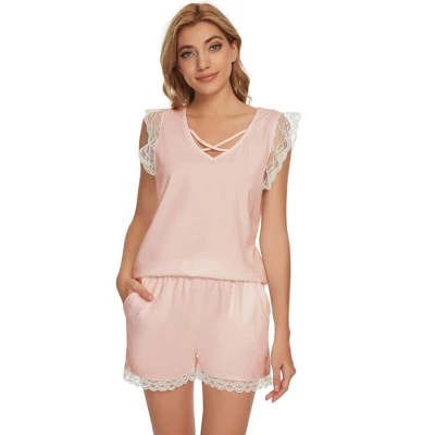 Cheibear Womens Sleepwear Pajamas Tank Tops With Shorts V-Neck Lace Trim Sleeveless Lounge Set - Image 6