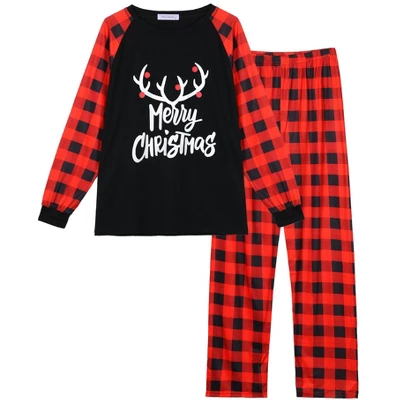 Cheibear Christmas Deer Loungewear Long Sleeves Tee Plaid Pants 2 Piece Family Pajama Sets