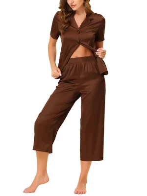 Cheibear Womens Pajama Sleepwear Button Down With Capri Pants Satin Lounge Pjs Set - Image 6