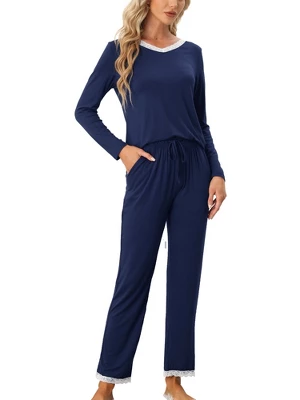 Cheibear Womens Lounge Sets V Neck Lace Nightwear With Pants Loungewear Pajamas - Image 7