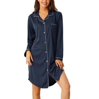 Cheibear Womens Satin Button Down Long Sleeve Silky Boyfriend Nightshirt - Image 5