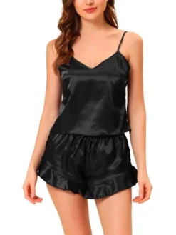 Cheibear Women's Satin Spaghetti Cami Tops Shorts Sleepwear Lounge Sets