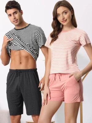 Cheibear Women's Sleepwear Short Sleeve T-Shirt With Shorts Stripe Couple Pajama Sets - Image 2