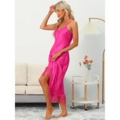 Cheibear Women's Satin Nightgown Lounge Sleepwear Cami Dress With Tassel Pajama Dress