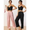 Cheibear Women's Wide-leg Elastic Waist Long Pants 2 Pieces Sleep Pants Set
