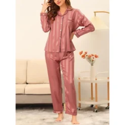 Cheibear Womens Satin Sleepwear Soft Button Down Nightwear With Pants Lounge Pajama Set