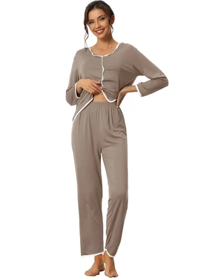 Cheibear Womens Sleepwear Pajamas Long Sleeve Pullover Tops With Pants Lounge Sets - Image 8