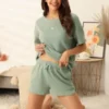 Cheibear Women's Casual Pullover Short Sleeve Lounge Sets With Shorts Jogger Outfit Summer Tracksuits