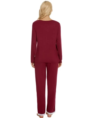 Cheibear Womens Lounge Sets V Neck Lace Nightwear With Pants Loungewear Pajamas - Image 2