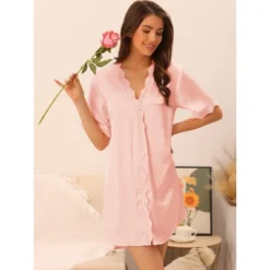 Cheibear Womens Satin Pajama Dress Button Down Silky Short Sleeves Nightgowns