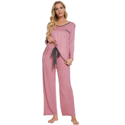Cheibear Womens Pajama Set Soft Modal Contrast Color Long Sleeve Shirt And Pants Sleepwear 2pcs - Image 9