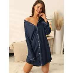 Cheibear Womens Satin Button Down Long Sleeve Silky Boyfriend Nightshirt
