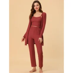 Women's 3pcs Knit Lounge Sleepwear Pants Shrug Cardigan Pajama Set