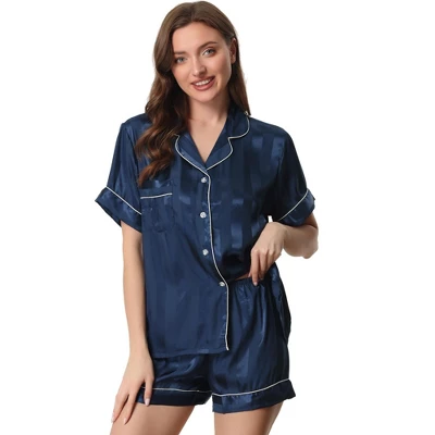 Cheibear Women's Satin Button Down Short Sleeve And Shorts Pajama Set - Image 6