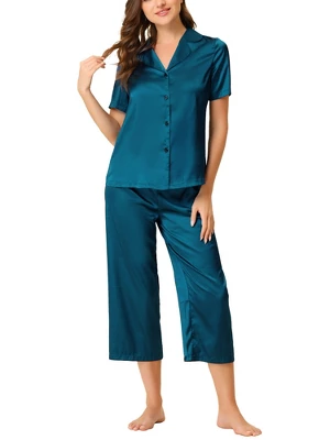 Cheibear Womens Pajama Sleepwear Button Down With Capri Pants Satin Lounge Pjs Set - Image 5