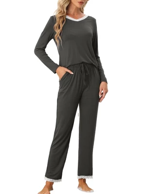 Cheibear Womens Lounge Sets V Neck Lace Nightwear With Pants Loungewear Pajamas - Image 6