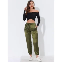 Cheibear Womens Satin Bottoms Lounge Trousers With Pocket Joggers Ankle Pants