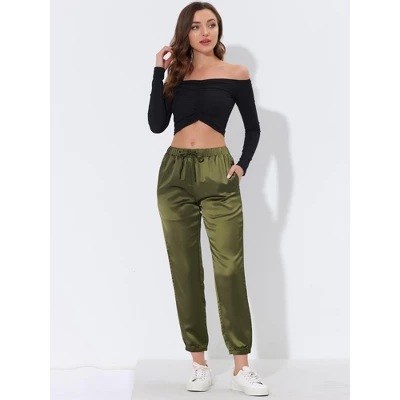 Cheibear Womens Satin Bottoms Lounge Trousers With Pocket Joggers Ankle Pants