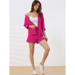 Cheibear Women's Button Down Long Sleeve Sleepwear Shirt With Shorts Casual Lounge Sets