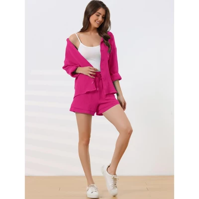 Cheibear Women's Button Down Long Sleeve Sleepwear Shirt With Shorts Casual Lounge Sets