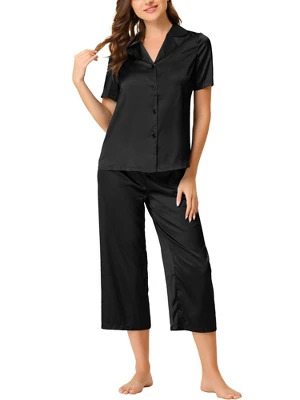 Cheibear Womens Pajama Sleepwear Button Down With Capri Pants Satin Lounge Pjs Set - Image 7