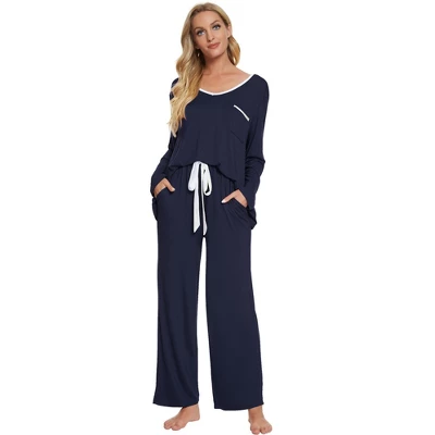 Cheibear Womens Pajama Set Soft Modal Contrast Color Long Sleeve Shirt And Pants Sleepwear 2pcs - Image 8